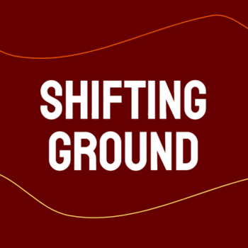 White text reading “Shifting Ground” on a dark red background with thin wavy orange and yellow lines.